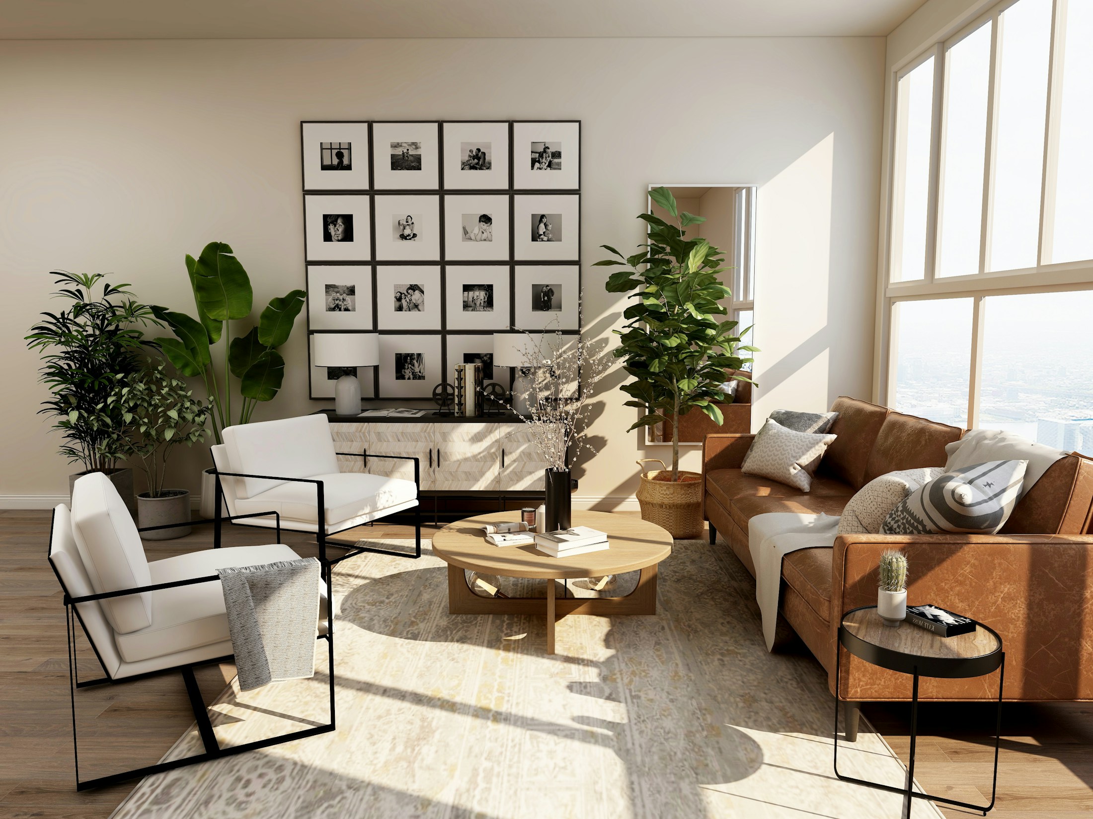 Light-filled interior with natural materials and carefully considered architectural details